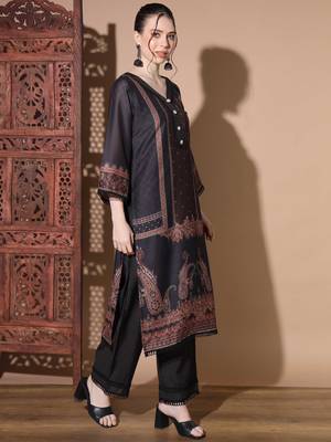 Vbuyz Women'S Digital Print Muslin Black Pakistani Style Stitched Kurta Palazzo With Dupatta 4
