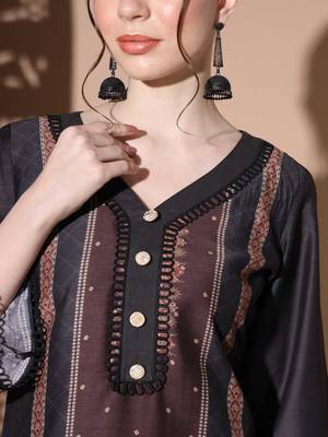 Vbuyz Women'S Digital Print Muslin Black Pakistani Style Stitched Kurta Palazzo With Dupatta 5