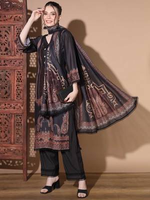 Vbuyz Women'S Digital Print Muslin Black Pakistani Style Stitched Kurta Palazzo With Dupatta 8