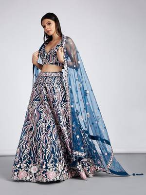 Navy blue Net Sequins and thread embroidery Lehenga choli & Dupatta 1