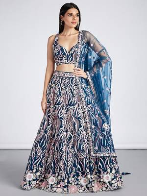 Navy blue Net Sequins and thread embroidery Lehenga choli & Dupatta 2