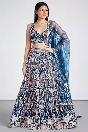 Navy blue Net Sequins and thread embroidery Lehenga choli & Dupatta