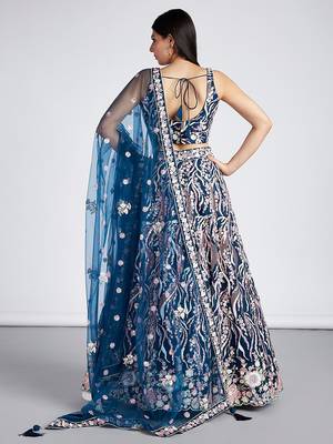 Navy blue Net Sequins and thread embroidery Lehenga choli & Dupatta 3