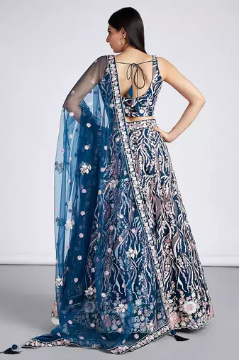 Navy blue Net Sequins and thread embroidery Lehenga choli & Dupatta