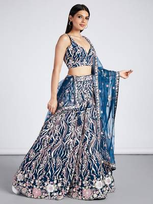 Navy blue Net Sequins and thread embroidery Lehenga choli & Dupatta 4