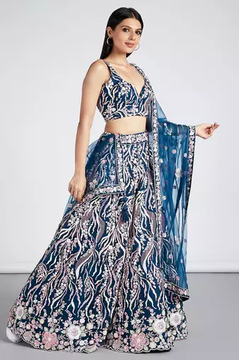 Navy blue Net Sequins and thread embroidery Lehenga choli & Dupatta