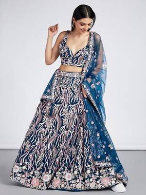 Navy blue Net Sequins and thread embroidery Lehenga choli & Dupatta 5