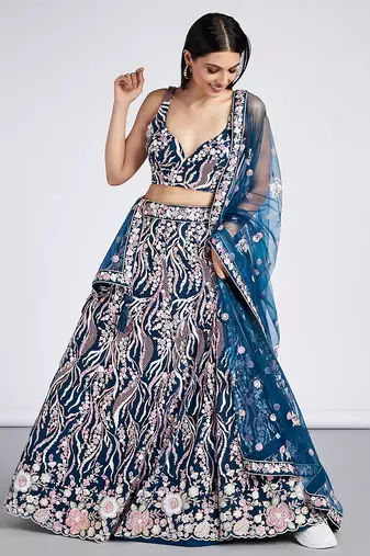 Navy blue Net Sequins and thread embroidery Lehenga choli & Dupatta
