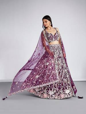 Burgundy Net Sequins and thread embroidery Lehenga choli & Dupatta 1