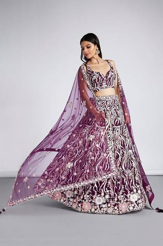 Burgundy Net Sequins and thread embroidery Semi-Stitched Lehenga choli & Dupatta