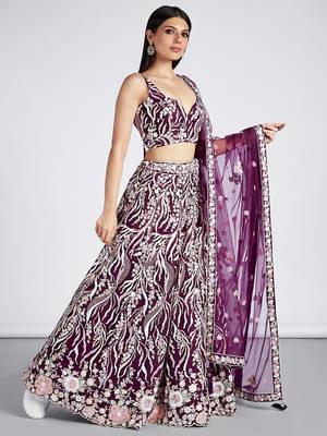 Burgundy Net Sequins and thread embroidery Lehenga choli & Dupatta 2
