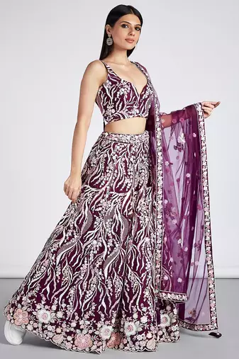 Burgundy Net Sequins and thread embroidery Lehenga choli & Dupatta