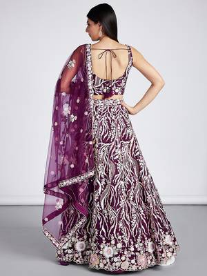 Burgundy Net Sequins and thread embroidery Lehenga choli & Dupatta 3