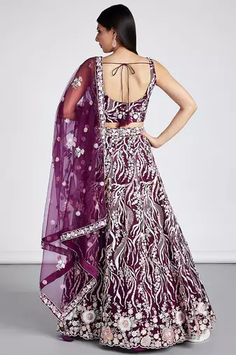 Burgundy Net Sequins and thread embroidery Lehenga choli & Dupatta