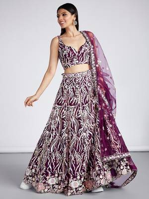 Burgundy Net Sequins and thread embroidery Lehenga choli & Dupatta 4
