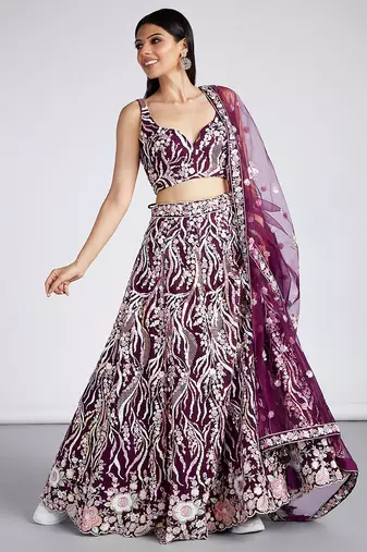 Burgundy Net Sequins and thread embroidery Lehenga choli & Dupatta