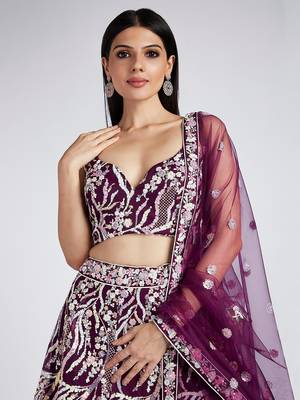 Burgundy Net Sequins and thread embroidery Lehenga choli & Dupatta 5