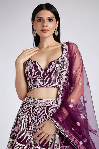 Burgundy Net Sequins and thread embroidery Lehenga choli & Dupatta
