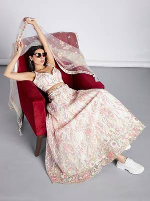 Cream Net Sequins and thread embroidery Lehenga choli & Dupatta 1