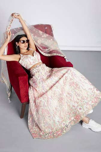 Cream Net Sequins and thread embroidery Semi-Stitched Lehenga choli & Dupatta