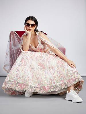 Cream Net Sequins and thread embroidery Lehenga choli & Dupatta 2