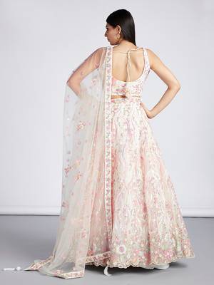 Cream Net Sequins and thread embroidery Lehenga choli & Dupatta 3