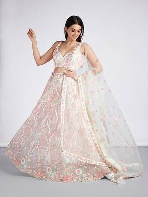 Cream Net Sequins and thread embroidery Lehenga choli & Dupatta 4