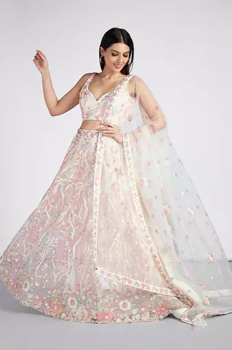 Cream Net Sequins and thread embroidery Lehenga choli & Dupatta