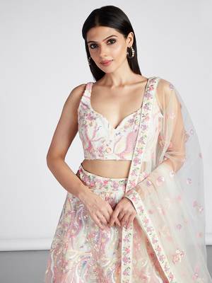 Cream Net Sequins and thread embroidery Lehenga choli & Dupatta 5