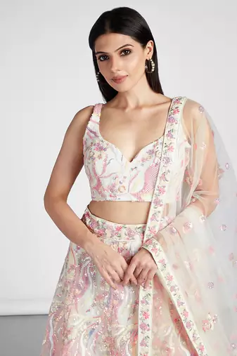Cream Net Sequins and thread embroidery Lehenga choli & Dupatta