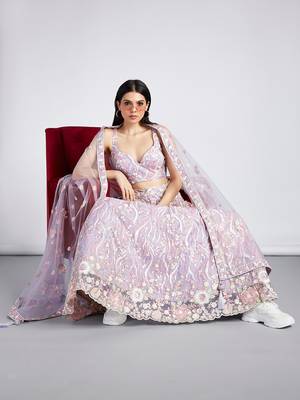 Mauve Net Sequins and thread embroidery Lehenga choli & Dupatta 1