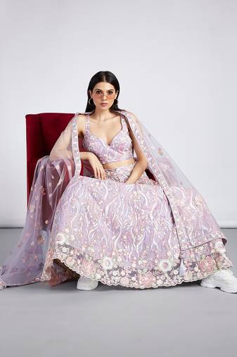 Mauve Net Sequins and thread embroidery Semi-Stitched Lehenga choli & Dupatta