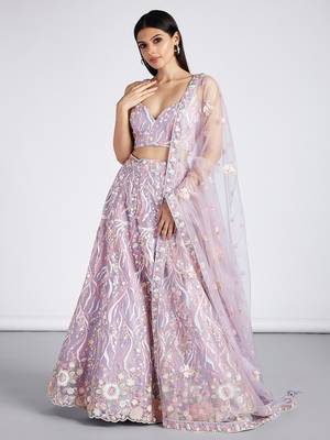Mauve Net Sequins and thread embroidery Lehenga choli & Dupatta 2