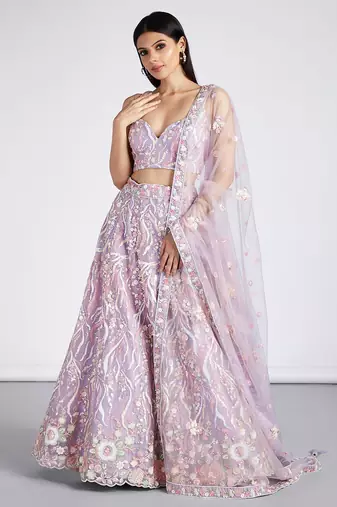 Mauve Net Sequins and thread embroidery Lehenga choli & Dupatta