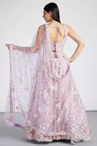 Mauve Net Sequins and thread embroidery Lehenga choli & Dupatta