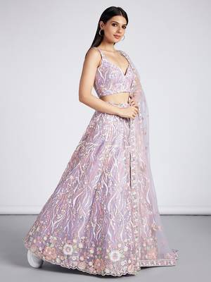 Mauve Net Sequins and thread embroidery Lehenga choli & Dupatta 4