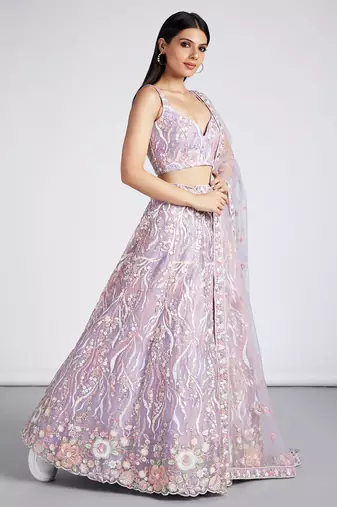 Mauve Net Sequins and thread embroidery Lehenga choli & Dupatta