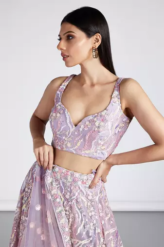 Mauve Net Sequins and thread embroidery Lehenga choli & Dupatta