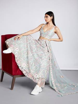 Lime Green Net Sequins and thread embroidery Semi-Stitched Lehenga choli & Dupatta 1