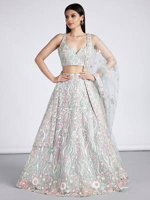 Lime Green Net Sequins and thread embroidery Semi-Stitched Lehenga choli & Dupatta 2