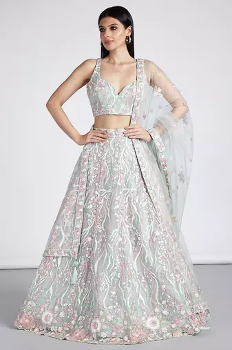Lime Green Net Sequins and thread embroidery Semi-Stitched Lehenga choli & Dupatta