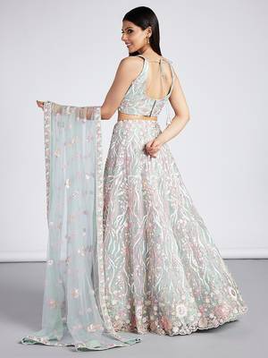 Lime Green Net Sequins and thread embroidery Semi-Stitched Lehenga choli & Dupatta 3