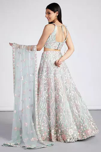 Lime Green Net Sequins and thread embroidery Semi-Stitched Lehenga choli & Dupatta