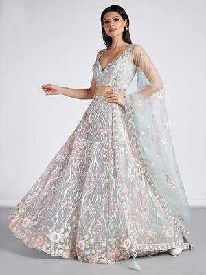 Lime Green Net Sequins and thread embroidery Semi-Stitched Lehenga choli & Dupatta 4