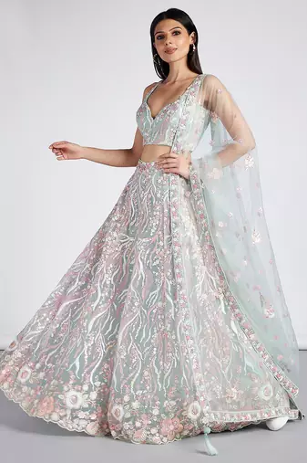 Lime Green Net Sequins and thread embroidery Semi-Stitched Lehenga choli & Dupatta