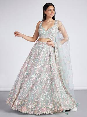 Lime Green Net Sequins and thread embroidery Semi-Stitched Lehenga choli & Dupatta 5