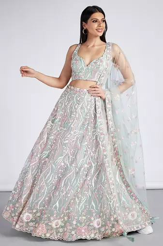 Lime Green Net Sequins and thread embroidery Semi-Stitched Lehenga choli & Dupatta