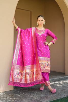 Pink Paithani Work SOFT BANARASI SILK Semistiched Long Length Kameez Pant party wear salwarsuit 1
