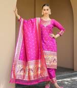 Pink Paithani Work SOFT BANARASI SILK Semistiched Long Length Kameez Pant party wear salwarsuit