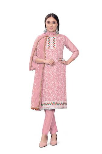 Pink Designer Embroidery Work Chanderi Modal Semistiched Long Length Kameez Pant party wear salwarsuit